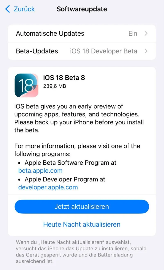 新疆苹果手机维修分享苹果 iOS / iPadOS 18 开发者预览版 Beta 8 发布 